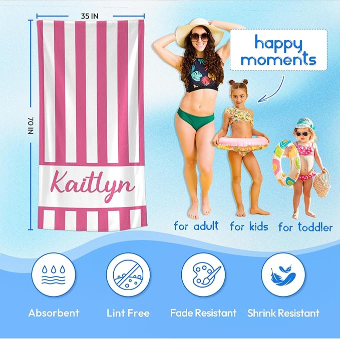 JML Personalized Beach Towel with Name, Custom Cabana Stripe Beach Towel, Customized Microfiber Pool Towel, Quick Dry & Absorbent Swim Towel for Adult,Anniversary, Birthday, Summer Holiday,Vacation