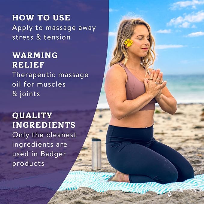 Badger Ginger Massage Oil, 100% Organic Massage Oil, w/Arnica Oil & Cayenne for Warming Soothing Deep Tissue Sore Muscle Relief, 4 fl oz Glass Bottle