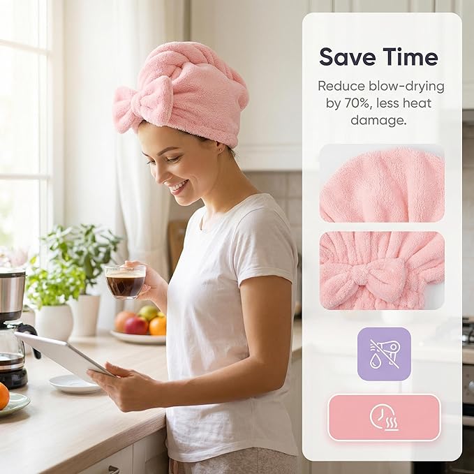 Microfiber Hair Towel Wrap for Thick Damaged Hair, Quick Drying Hair Turban with Bow, Super Absorbent Anti Frizz Hair Cap for Curly Frizzy Hair, Lightweight Towel for Women After Shower (Pink+Purple)