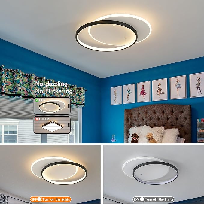 Shine LUEST Modern LED Ceiling Light Fixture Black Semi Flush Mount Light with Remote Control 19.69" Hallway Light Fixtures Ceilings Mount Dimmable Ceiling Lamp for Bedroom,Kitchen,Entryway