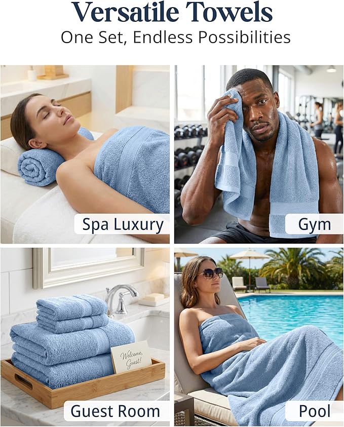 LANE LINEN 100% Cotton Bath Towels 6 Piece Set - Super Soft, Quick Dry & Absorbent - 2 Bath, 2 Washcloths, 2 Hand Towels for Bathroom - Hotel Quality, Minimal Lint after 3 Washes - Cerulean Blue