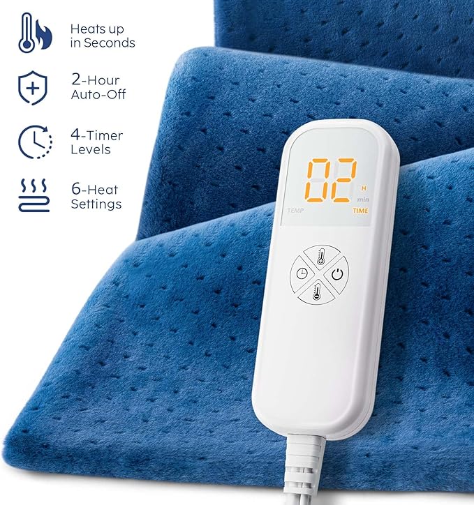 Mothers Day Gifts for Mom Her, Heating Pad for Back Pain & Cramps, 24"x 20" Electric Heating Pad for Shoulder, Neck, Cramp, Menstrual Pain, Auto-Off, Machine Washable, Moist/Dry Heat pad, Blue
