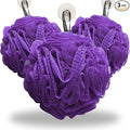 Large Purple Bath Sponge Pack of 3 – Gentle Exfoliation Loofahs with Suction Cup for Easy Drying, Soft 70G Mesh Poufs for All Skin Types, Lather for Daily Use