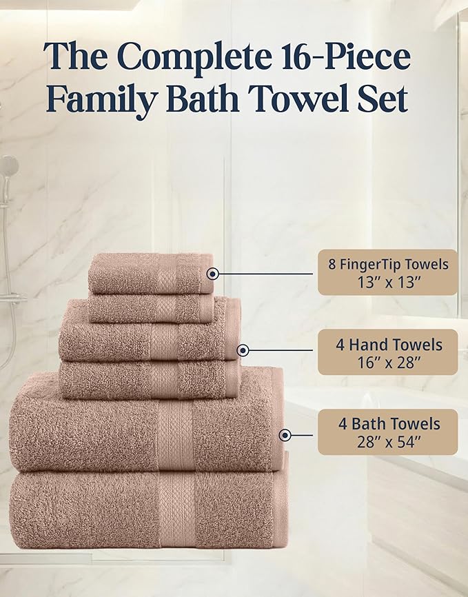 LANE LINEN 100% Cotton Towels Set - 16 Piece value pack - Soft, Absorbent & Durable - 4 Bath, 8 Washcloths, 4 Hand Towels for Bathroom - Ideal for Home, Spa & Gym - Quality You Can Trust - Taupe