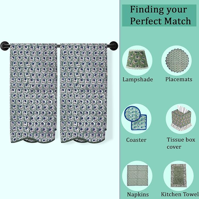 Ridhi Block Print Basil Green Cotton Spa/Beach Towel 27"x54" Set of 2 Handmade Bath Towel, Quick Dry Turkish Style Bath, Soft Absorbent Luxury Towel for Home, Gym & Spa, Boho Bathroom Décor