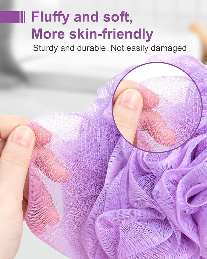 MTDLYICE Loofah Sponge, XXL Large Loofah 100g 4 Pack, Bath Sponge Soft Mesh Shower Loofah for Men, Body Scrub, Shower Pouf Bath Accessories, for Body Wash, Soap (Lavender)