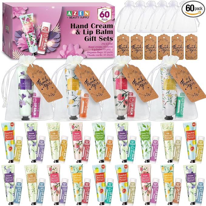 AZEN 60 Sets Bulk Gifts, Hand Cream and Lip Balm Bulk Set with Organza Bag Thank You Card, Baby Shower Wedding Gift for Guests, Bridal Wedding Favors for Guests, Mothers Day Gifts Stocking Stuffers
