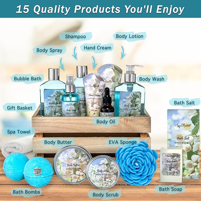 Aqua Elegante Full Spa Gift Set - 15 Piece Premium Bath Basket with Wash, Bubbles, Lotion, Salts, Body Scrub, Towel, Shower Puff, Bathbombs, Reusable Basket, Gifts for Women - Jasmine & Lavender