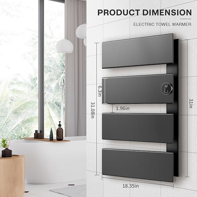K&KALONZO Electric Towel Warmer, 18.35" W x 31" H Wall-Mounted Towel Heater with Built-in Timer, Waterproof Aluminum Towel Warmer for Bathroom, Support Plug-in and Hardwired, Black, K4-R-B-N