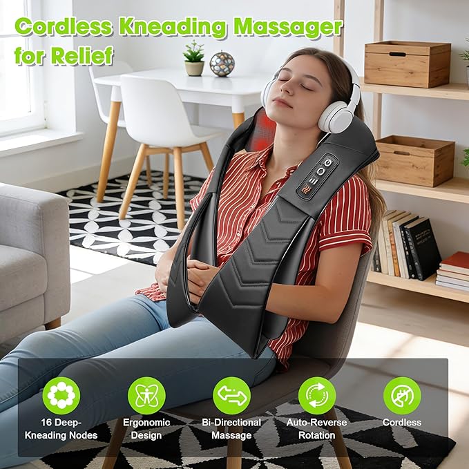 UFFAE Cordless Shiatsu Neck and Back Massager with Heat, Electric Deep Tissue Kneading Neck and Shoulder Massage, Best Gifts for Women Men Mom Dad Mothers Fathers Day Birthday Gift, Black (Cordless