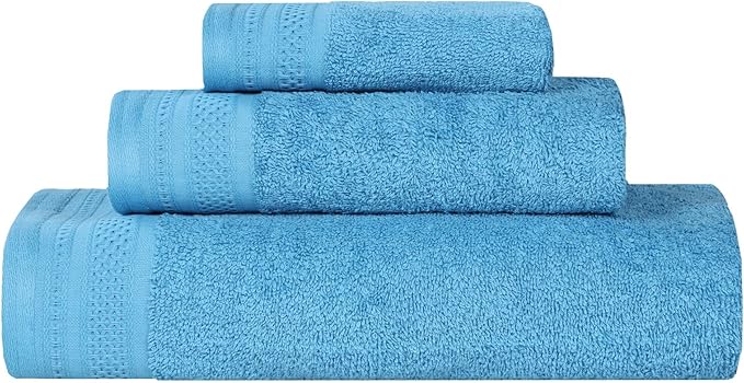 Superior Honeycomb Cotton Medium Weight Towels, for Guest Bath, Master Bathroom, Shower, Quick Dry, Adults, Home Essentials, Textured Waffle Border, Assorted Towel Set, 3 Piece Towel Set, Azure
