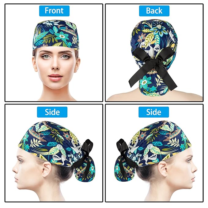 Scrub Caps Women Bouffant Scrub Caps, Adjustable Working Cap Ponytail Pouch Tie Back Shower Cap