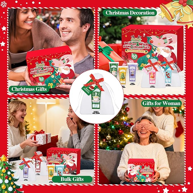 VISCOO 60 Sets Christmas Hand Cream Gift Set for Women, Hand Lotion In Bulk for Dry Cracked Hands Travel Size, Christmas Gifts with Cards and Organza Gift Bags, Stocking Stuffers for Women Teen Girls