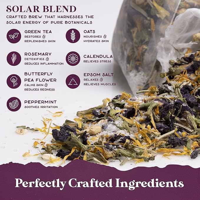 Solar Blend Bath Tea by Purple Canyon | 3 Reviving Bath Soaks with Eucalyptus, Peppermint, Calendula, and Dried Flowers | Self Care Gifts for Women
