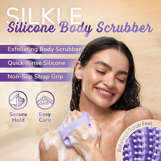 SILKLE Silicone Body Scrubber – Gentle Exfoliating Shower Scrubber for Body & Bath, Silicone Shower Brush & Loofah Alternative – Non-Slip Silicone Body Brush, Quick Dry, Hygienic - Purple