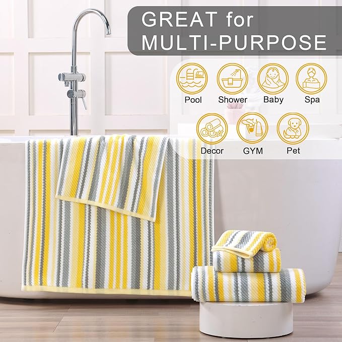 Bath Towels with Hanging Loops, 6PC Striped Towels - 100% Cotton, Quick Dry, Soft, Absorb & Lightweight, 2 Bath 28"x52", 2 Hand 16"x27", 2 Washcloth 13"x13", Shower Towel Decorative Set, Yellow + Gray