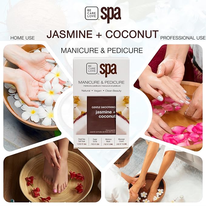 BCL Spa Jasmine + Coconut Professional Pedicure Kit Foot Spa Set – Exfoliate, Hydrate & Refresh Skin | Dead Sea Salt Soak, Sugar Scrub, Moisture Mask & Massage Cream | Professional & Home Uses