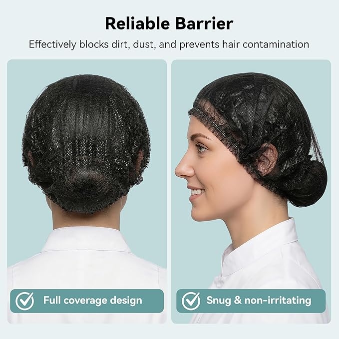 100Pcs Hair Nets for Women & Men -Hair Nets for Food Service Workers,Disposable Bouffant Caps for Women & Men, Elastic 21 Inch Non-Woven Head Covers for Kitchen, Cooking & SPA (Black)