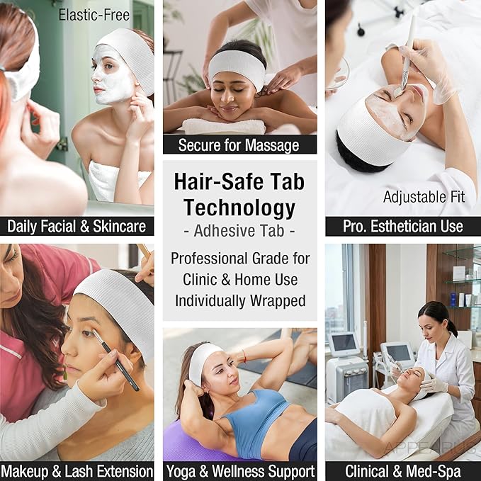 APPEARUS Disposable Stretch Facial Headbands, 100 Count, Snag-Free Adhesive Tab Closure, for Spa, Estheticians, Waxing and Lash Extensions, White