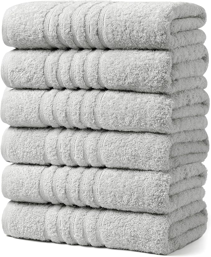 Aibaser Towels 6 Pack Bath Towel for Bathroom, 100% Cotton (24 x 48 Inches) High Absorbency Quick Drying (Light Grey)