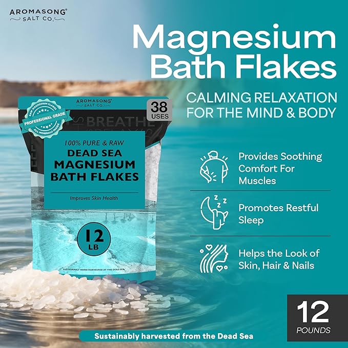 Aromasong Magnesium Flakes for Bath from The Dead Sea- 12 LB Resealable Pack Magnesium Chloride Flakes -Organic Bath Salt Muscle Relaxing Mineral Soak