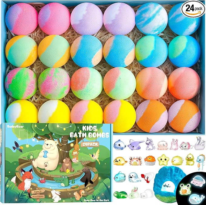 Bath Bombs for Kids with Surprise Inside – 24 Pack Handmade Bath Bombs with Glow-in-the-Dark Land & Sea Toys, Fizzy Bath Salt Balls, Birthday Party Favors for Boys and Girls