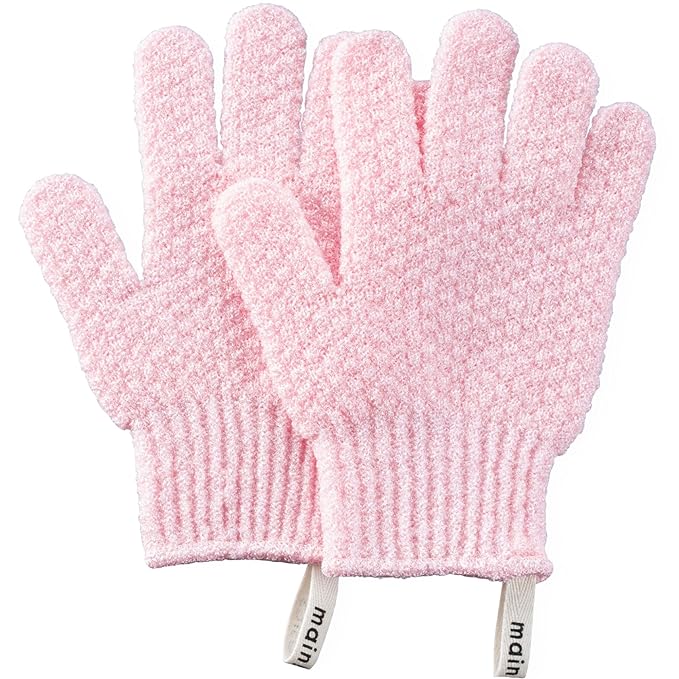 MainBasics Deep Exfoliating Bath Gloves - Heavy-Textured Nylon Shower Scrub for Dead Skin Removal - Machine Washable (1 Pair, Soft Pink)