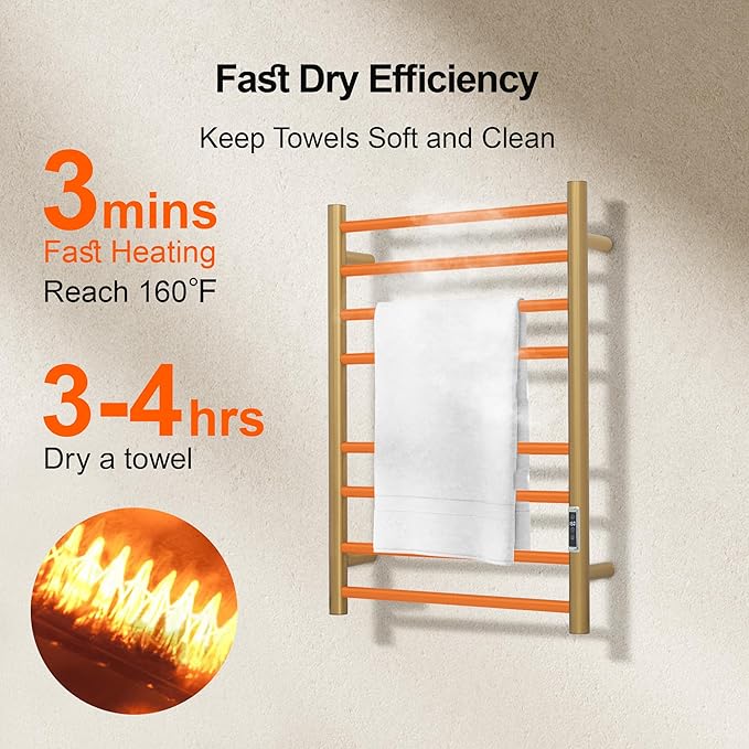 Electric Heated Towel Warmer - Wall Mounted Bathroom Towel Rack, Plug-in Design & Gold Brushed Stainless Steel Finish 8 Bar Gold with Timer & Temperature Control