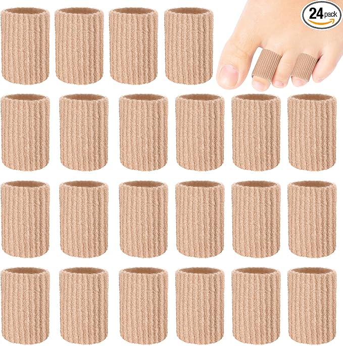 Blulu 24 Pieces Toe Tubes 0.98 Inches Cushion Tube Corn Pads for Toes Sleeves Soft Gel Protectors for Cushions Corns Blisters Calluses 3 Size(Skin Color,Medium Size)