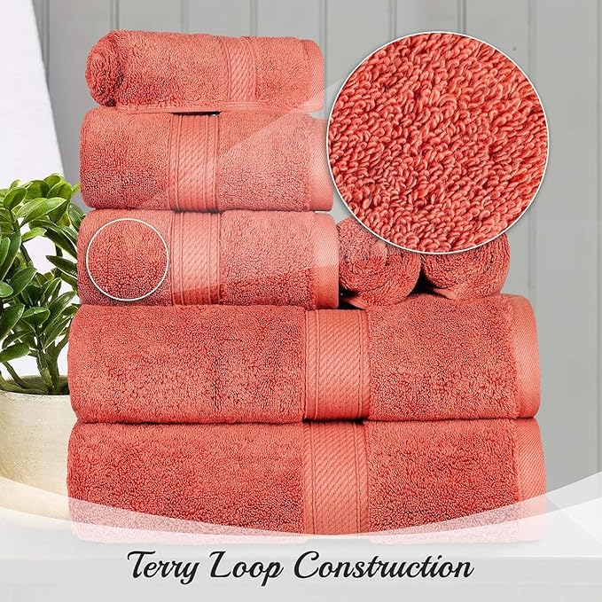 Superior Egyptian Cotton Pile 9 Piece Towel Set, Includes 3 Bath, 3 Hand, 3 Face Towels/Washcloths, Ultra Soft Luxury Towels, Thick Plush Essentials, Guest Bath, Spa, Hotel Bathroom, Coral