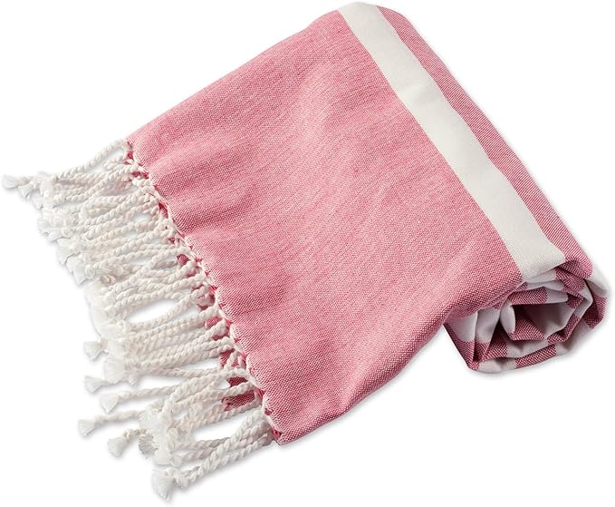 E-Living Store 100% Cotton, Soft & Absorbent Decorative Turkish Fouta Towel with Twisted Fringe for Home, Beach, Pool, or Décor, Use As Blanket or Throw - Coral Stripe