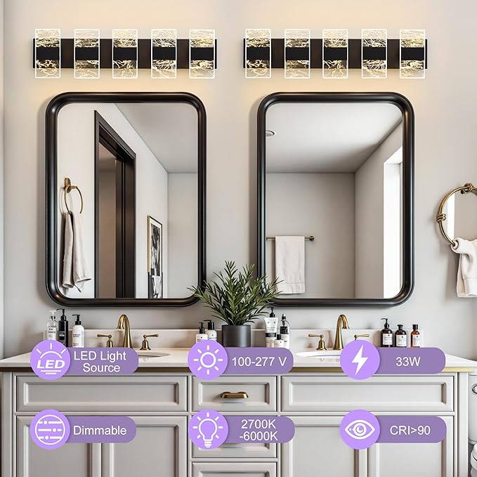 Modern LED Bathroom Light Fixtures Dimmable 5-Light Black Vanity Light,5CCT Adjustable Lighting Fixture Vanity Lights Over Mirror, Smoked Acrylic LED Vanity Lights for Bathroom