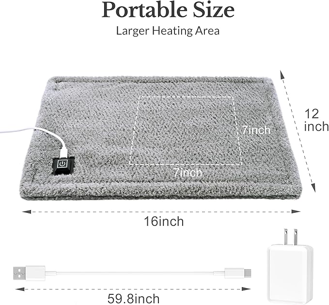 USB Heating Pad, 5V 3A Fast Heating with 3 Heat Settings & Auto Off, Travel Heating Pad for Neck, Shoulder, Back,Knee & Period Cramps. 12"x16" Fleece Heated Pad with USB-A to USB-C Cable, Grey