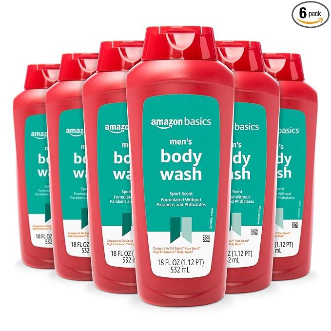 Amazon Basics Men's Body Wash, Sport Scent, Paraben and Phthalate Free, Refreshing Clean, 18 Fluid Ounce, 6-Pack