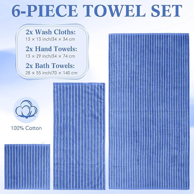 6 Pcs Large Bath Towels Set 28x55 Inch Soft Cotton Towels for Bathroom Striped Towel Set Highly Absorbent & Quick Dry Towel for Spa Gym 2 Bath, 2 Hand, 2 Washcloth (Blue, Yellow)