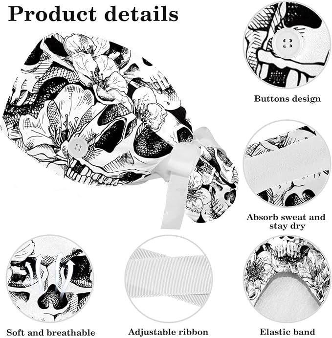 Ethnic Aztec Pattern Adjustable Scrub Cap Hat with Button, Working Hat Sweatband with Bow Hair Scrunchy for Woman
