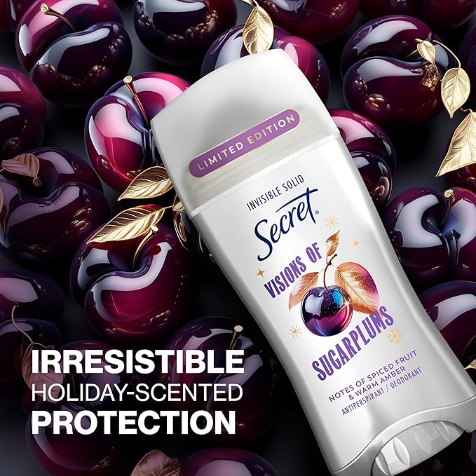 Secret Fresh Antiperspirant Deodorant for Women, 72hr Breathable Odor Protection with Pro-Hyaluronic Acid, Holiday Invisible Solid, Visions of Sugarplums with Spiced Fruit & Warm Amber Scent, 2.6 oz