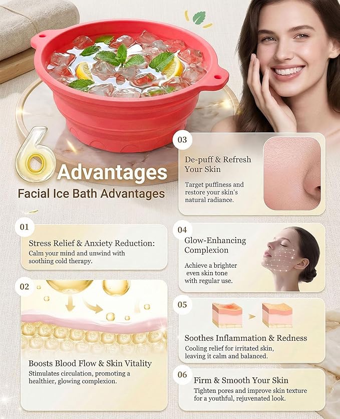 Face Ice Bath Bowl with Built-in Ice Tray, Collapsible Silicone Face Bowl for Ice, Reusable Small Ice Facial Bowl for Puffiness Reduction, Skin Tightening, Acne Relief, Spa Tool for Home, Travel