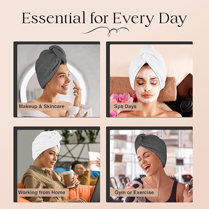 Cotton Hair Towel Wrap for Women/Kids | Quick Dry, Soft & Absorbent 420-GSM Hair Wrap Towels with Double Button | Anti Frizz, Non Microfiber Turbans for Curly, Long & Thick Hair (White+Grey+Aqua)