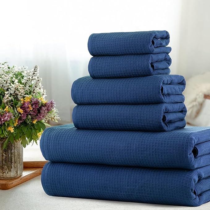 CASA COPENHAGEN Waffle 6Pcs 100% Egyptian Cotton Large Designer Towels Gift Set- Navy, 2Bath 2Hand 2Washcloths, Bath Towels for Bathroom (Box Pack, Set for Women & Men)