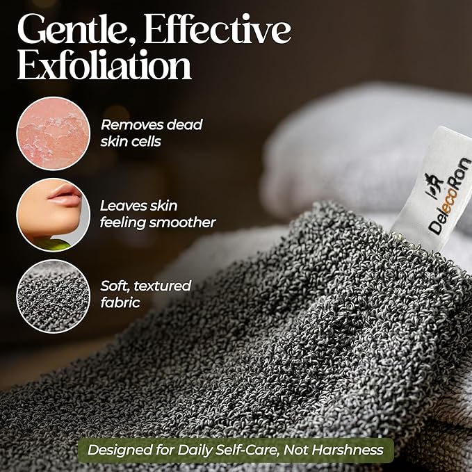 Body Exfoliator Set – Back Scrubber Strap & Exfoliating Glove, 3 Piece Shower Kit with Mesh Laundry Bag for Easy Machine Washing, Deep Cleansing & Smooth Skin – DelecoRon