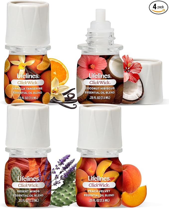 ClickWick Essential Oil Blends for Lifelines Diffusers, 4-Pack Sun-Kissed Escape - Essential Oil Blend Refill for Candle, Plant & Shower Aromatherapy Diffuser - Fragrance for Diffusers