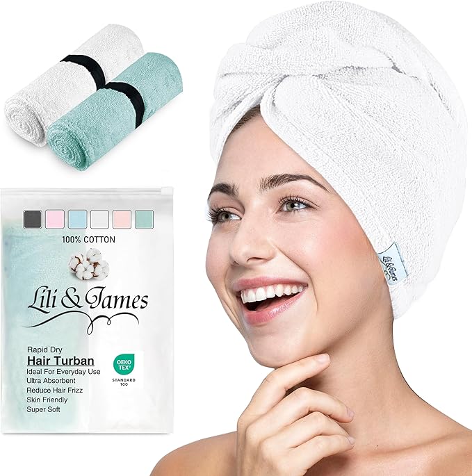 Cotton Towel Wrap for Women/Kids | Quick Dry, Soft & Absorbent 420-GSM Wrap With Double Button | Anti Frizz, Non Microfiber Turbans for Curly, Long & Thick Hair (White+Aqua)