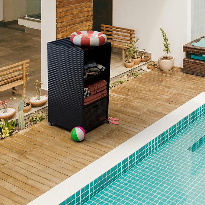 HOOYEAH Pool Towel Rack Outdoor, Waterproof PE Plastic Rattan Wicker Pool Storage Bins Storage Cabinet Organizer, Poolside Towel Caddy with Rolling Wheels for Hot Tub Spa Accessories,Black
