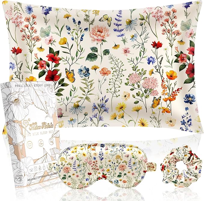 Miss Adola 1Pack Mulberry Silk Pillow Case for Hair and Skin Standard 26"x20" Silk Pillowcase with Eye Mask & Scrunchie Soft Silk Pillowcase Sleeping for Women, Wife, Female - Flower Floral
