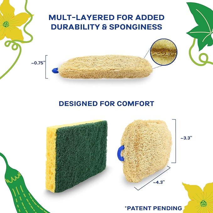 All Natural Loofah Kitchen Sponges (3 Pack) - Eco Friendly - Compostable & Biodegradable - Natural Sponges for Dishes (Paper Bag Packaging)