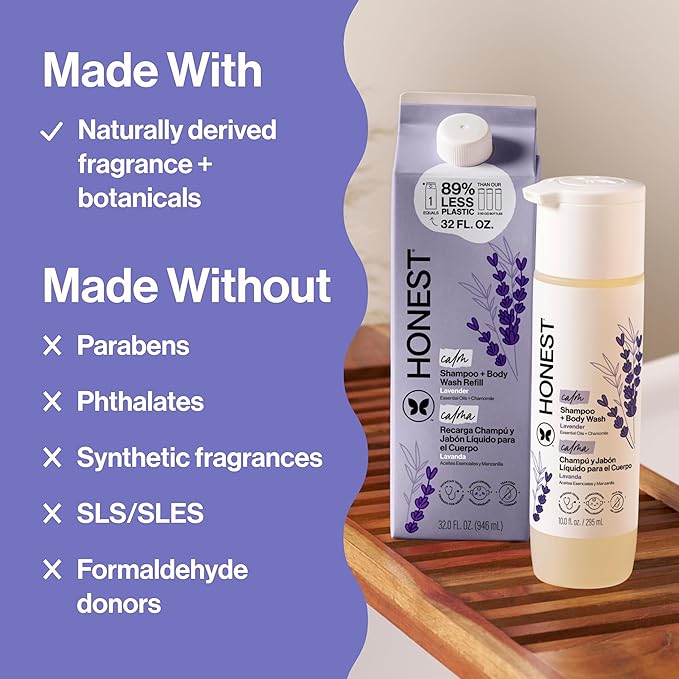 The Honest Company 2-in-1 Cleansing Shampoo Body Wash Refill Carton Gentle for Baby, Naturally Derived, Tear-free, Hypoallergenic, Lavender Calm, 32 fl oz (Pack of 6)