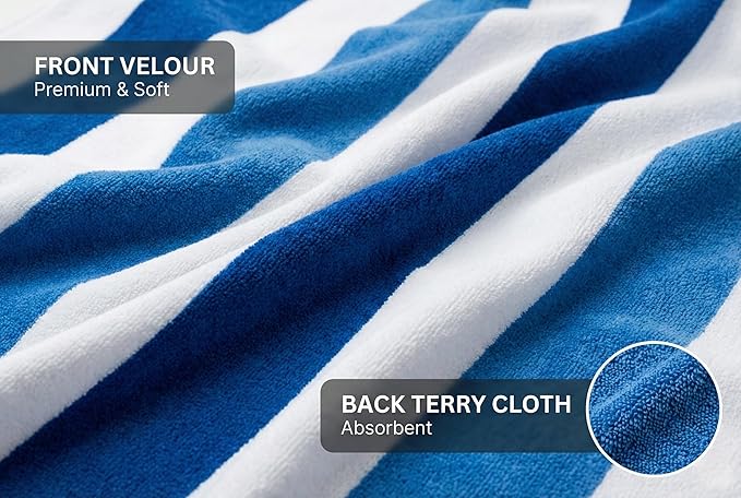 Velour Cabana Beach Towel 2 Pack, 30” x 60” Soft Plush Cotton Pool Towel, Absorbent Quick Dry Travel Towel for Beach, Pool, Spa (Classic Navy)