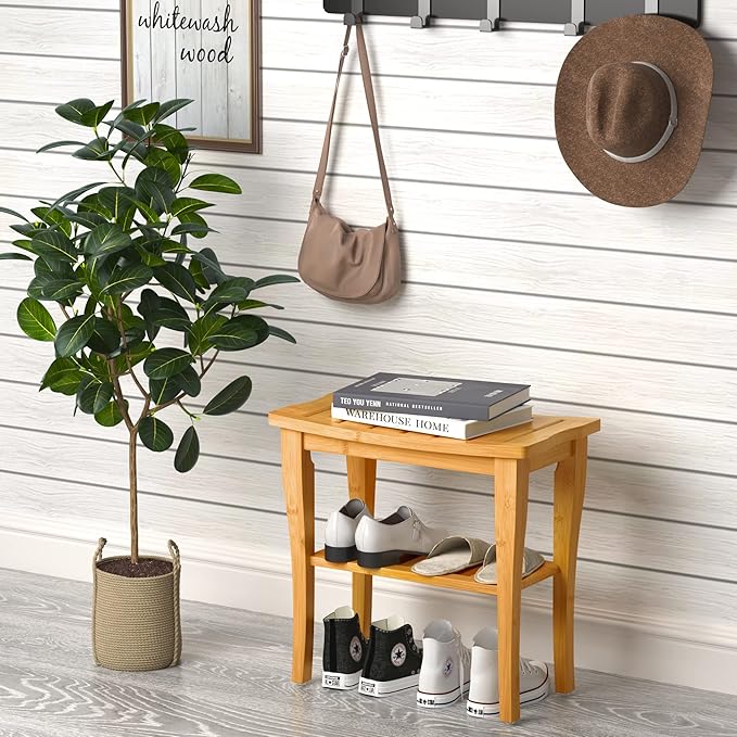 Greenual Bamboo Shower Bench 2-Tier Spa Shower Stool for Inside Shower with Storage Shelf and Non-Slip Feet Shower Chair Seat Organizer for Bathroom or Living Room