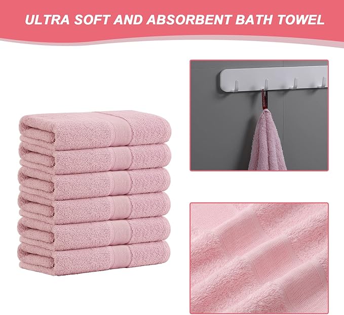 Aibaser Bath Towels, 27x54inch - Natural, Ultra Absorbent Towels for Bathroom, Travel, Gym, Shower and Spa (6 Piece Set) (Pink)